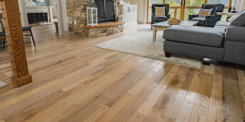 Living room scene with wood-look laminate flooring.